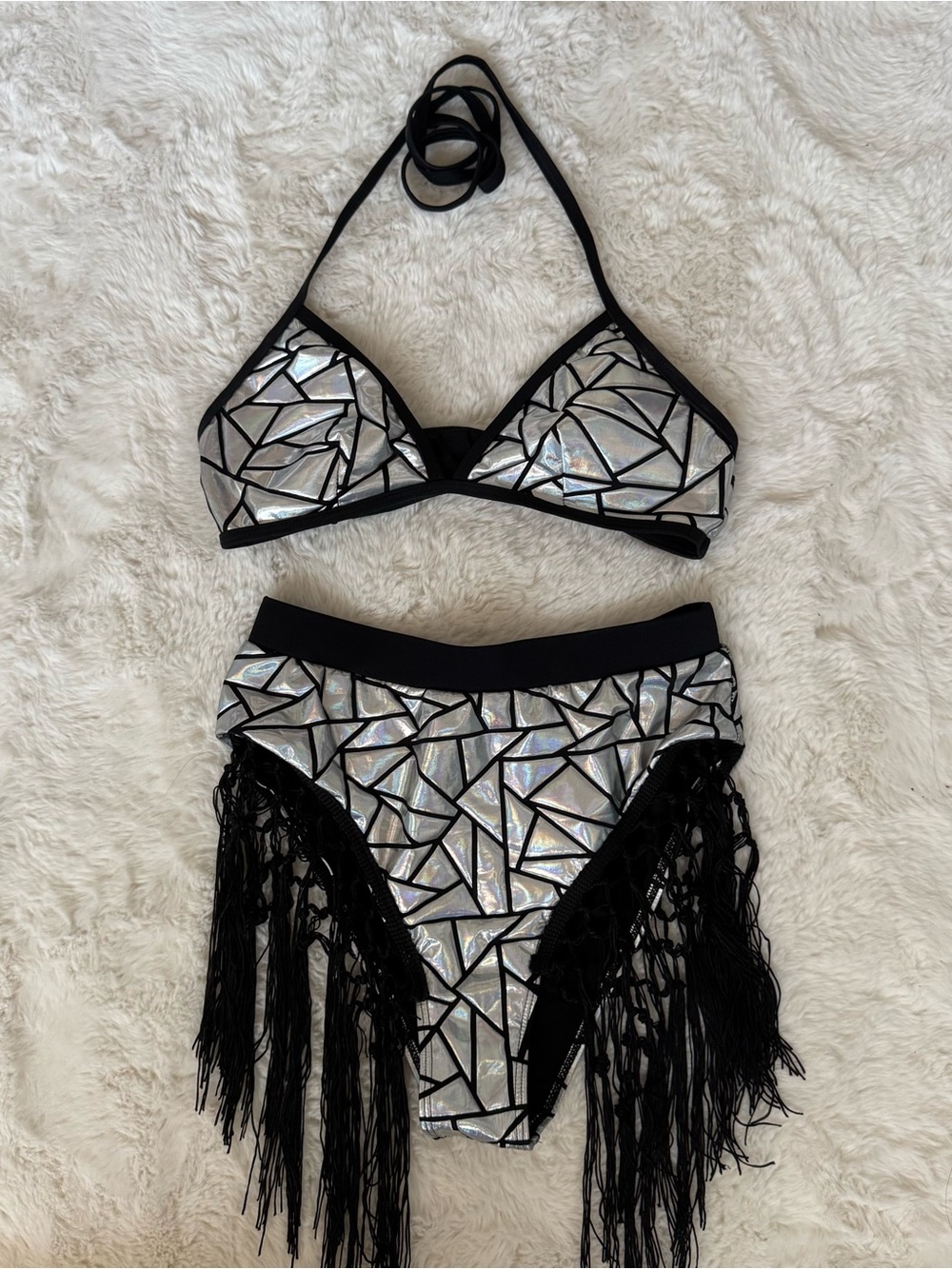Holographic Mosaic Fringe Bikini Set - Black & Silver